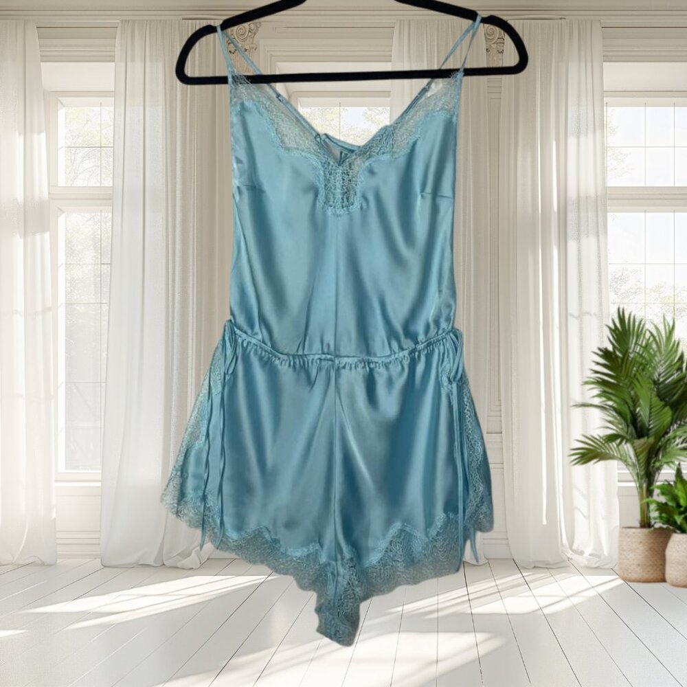 Victoria's Secret Medium Satin Side-Tie Teddy Romper Bodysuit Lace Blue - Picture 2 of 15
